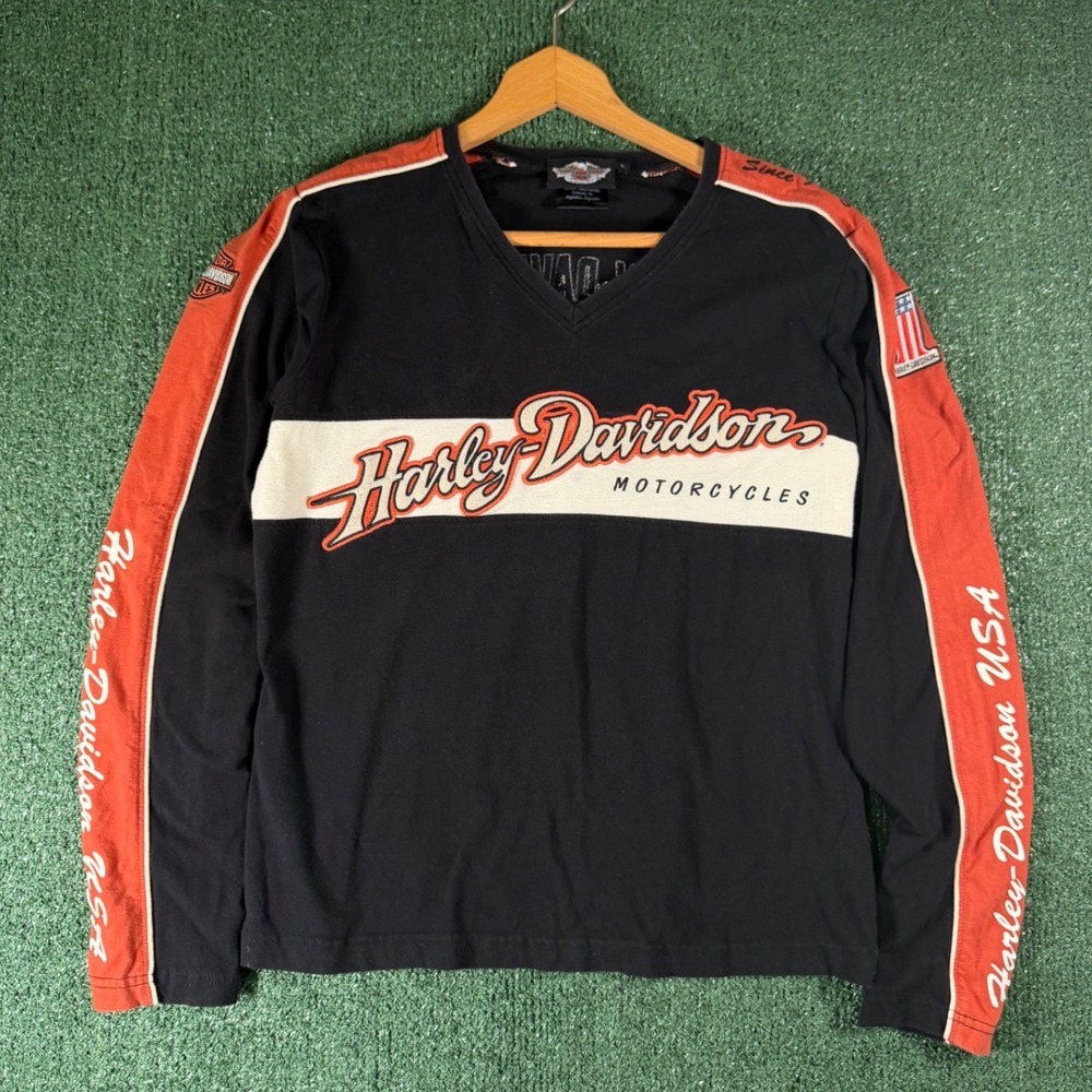 Harley Davidson Long Sleeve Shirt Women L Black Good V-Neck Graphic Biker Tee